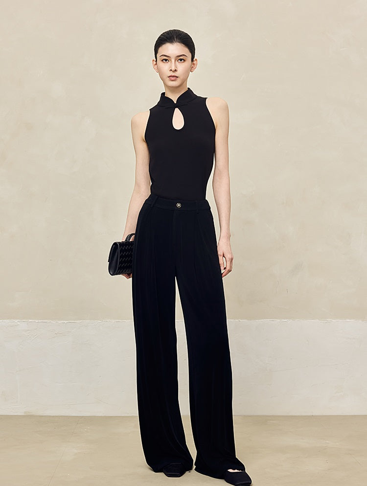 HECO 100% linen drape knitted casual wide-legged black white Pants Women - FINGER.