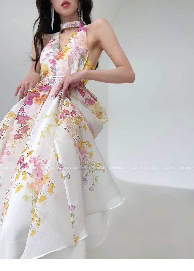 Aconiconi Elegant Japanese Style Printed Long Loose Halter Dress- Daylily and Breeze M / White Aconiconi Elegant Japanese Style Printed Long Loose Halter Dress- Daylily and Breeze M / White