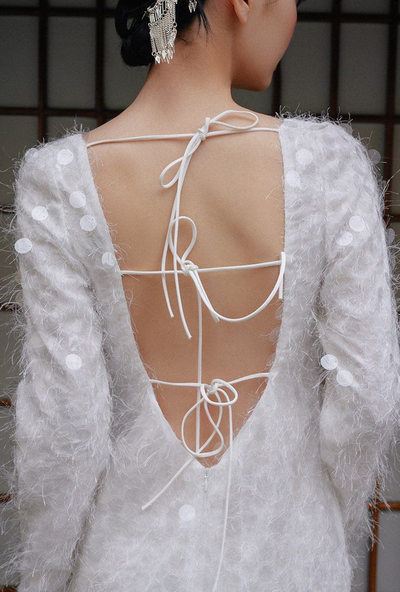 GOUDIN Long sleeved white engagement dress -MINA.