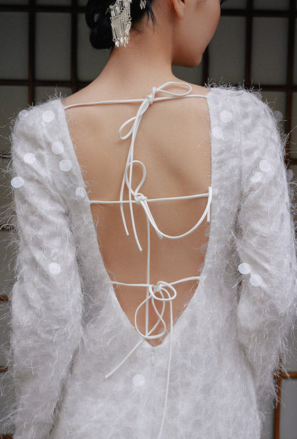 GOUDIN Long sleeved white engagement dress -MINA.
