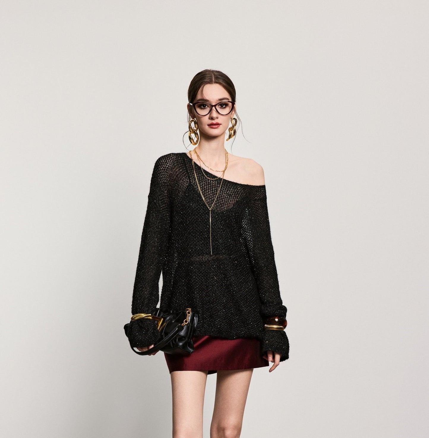 ANNASPEAK Asymmetrical off-the-shoulder wool beaded long sleeve knit-SOSO.