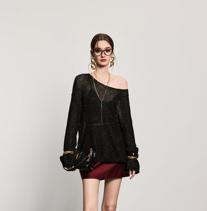 ANNASPEAK Asymmetrical off-the-shoulder wool beaded long sleeve knit-SOSO.
