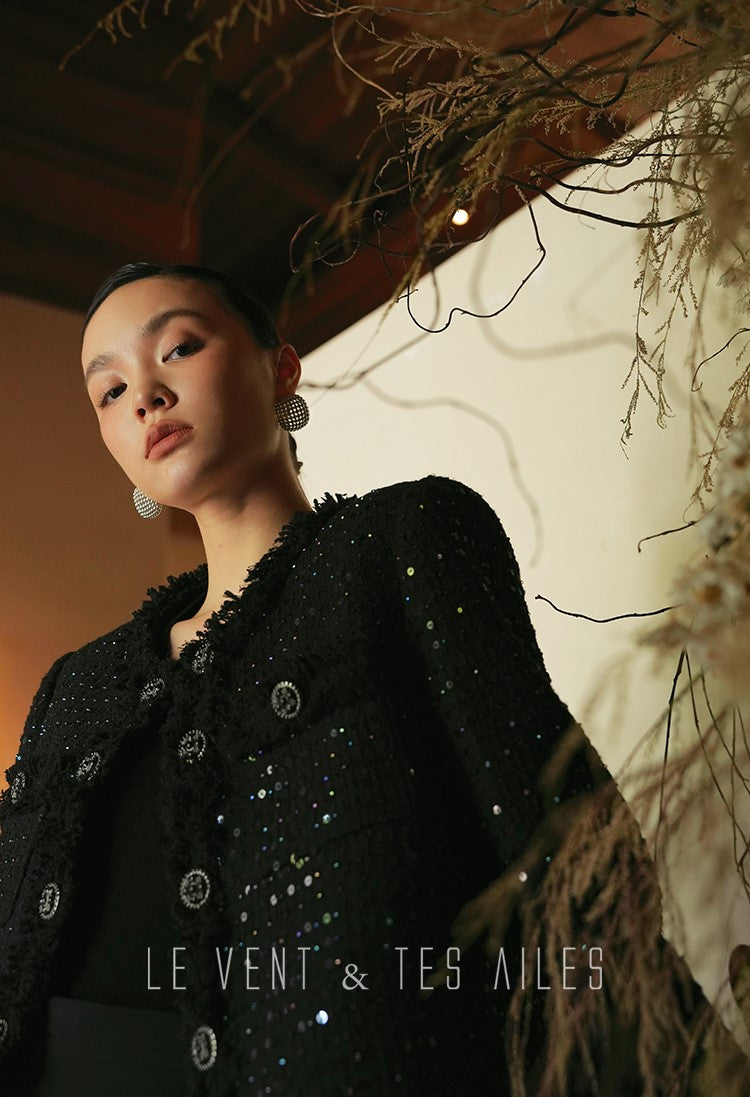 LE VENT&TES AILES High-end Luxury Heavy Work sequin Tweed Jacket Skirt Suit-FINN