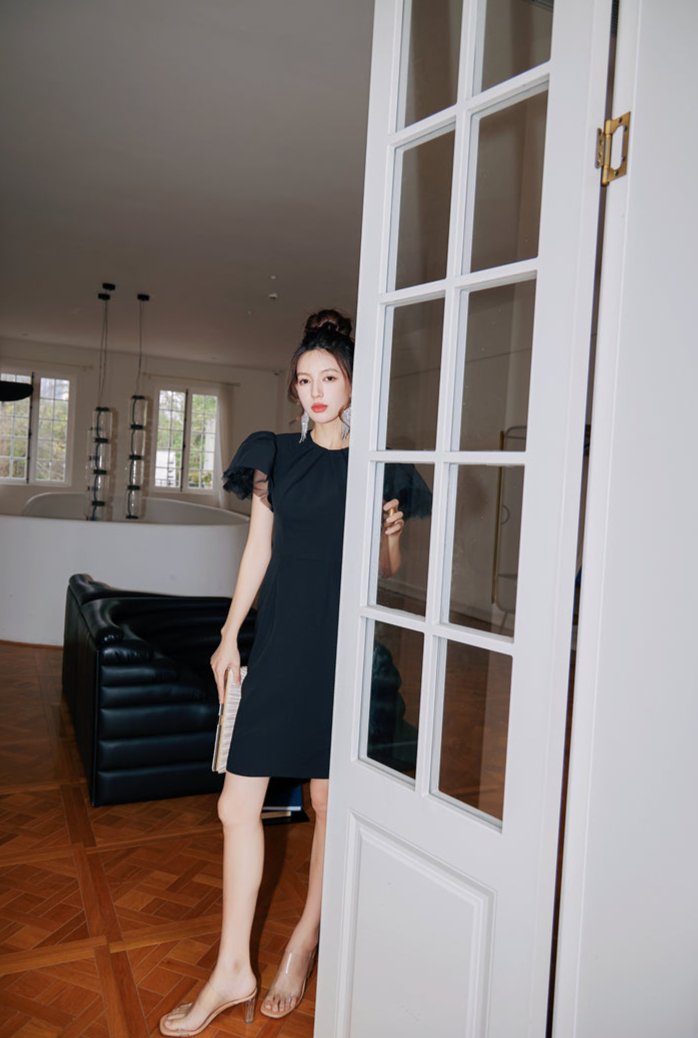 DOLLY Elegant Black Half Turtle Neck Short Puff Sleeve Midi Mesh Dinner Dress-AARTI