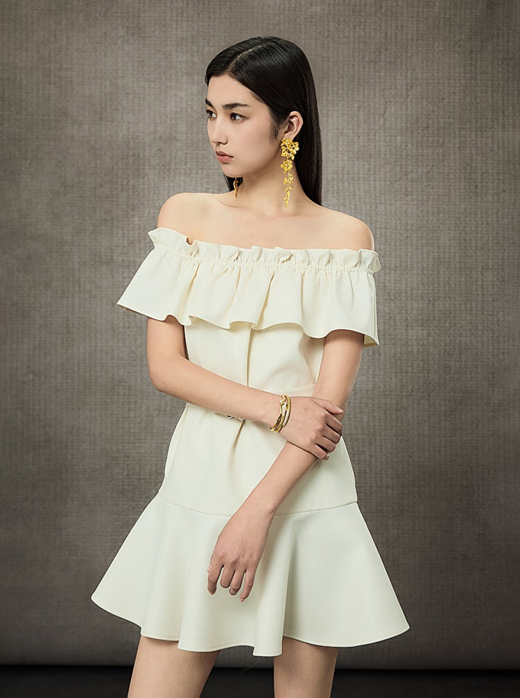 HECO Off Shoulder Ruffle Short Cinched Waist Dress  - SECRET.