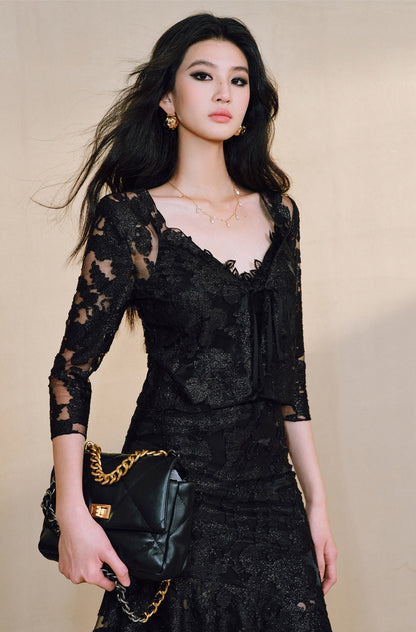 WANGXO | Lace-Up Cardigan & Irregular Double Fishtail Hip Skirt Set -KAIA