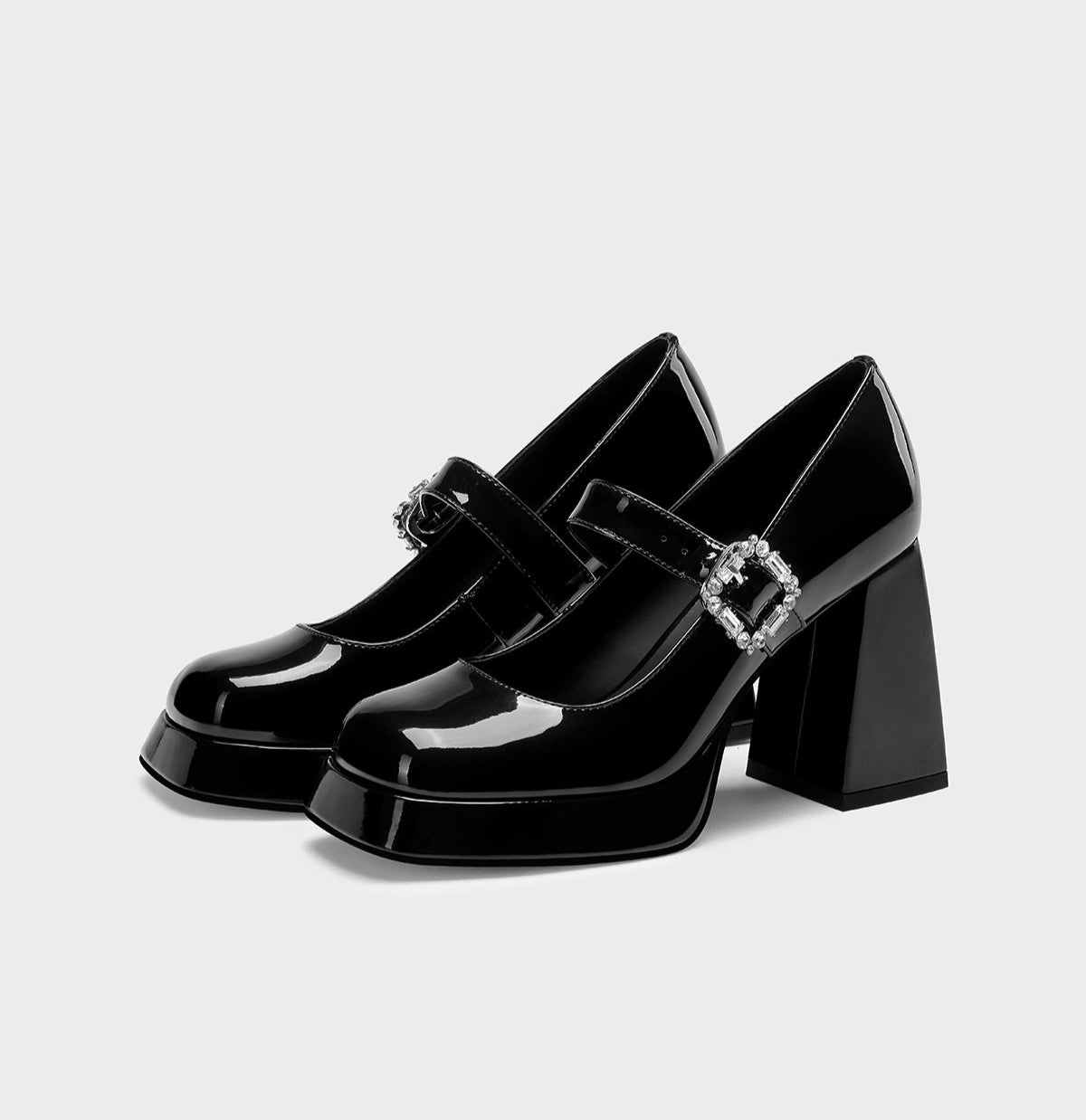 pjjuu Black Platform thick-soled square block heel leather MaryJane Shoes - Simona