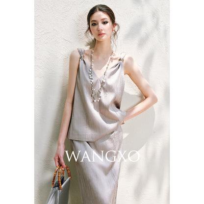WANGXO | Lazy Precious Metal Shoulder Loop Loose Top & Straight Skirt Set with Sculpted Grace- VERA