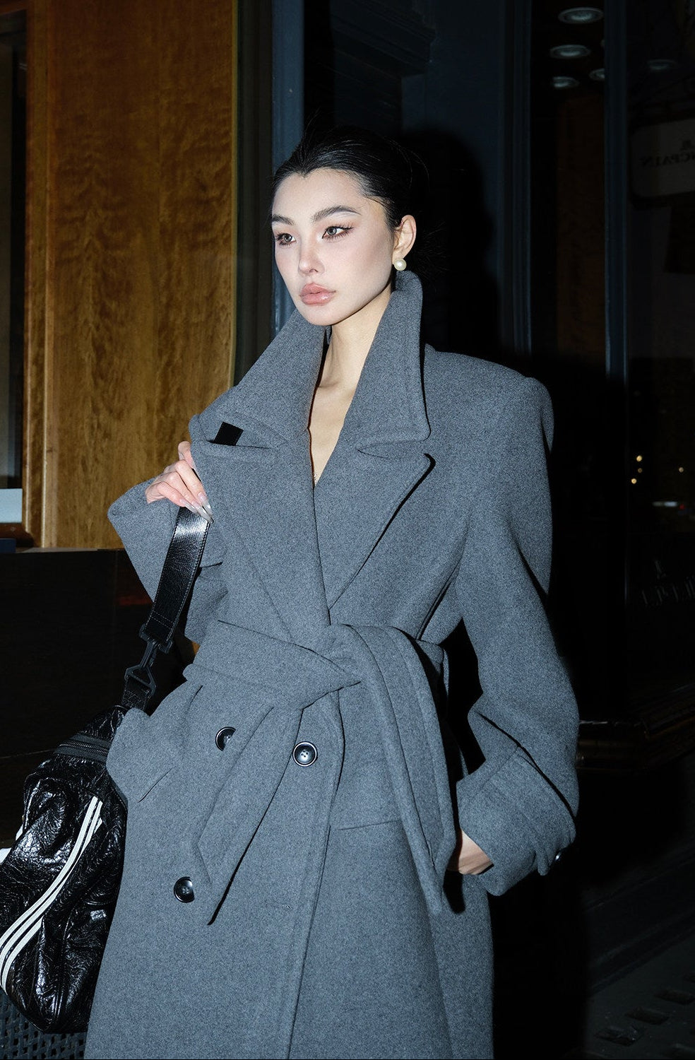 MEI SANGUAN gray double-breasted lace-up woolen jacket - CLARA