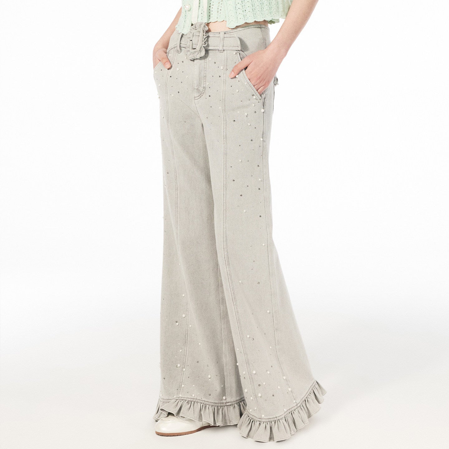 FAME beaded ruffled wide-leg denim trousers - ZOEY