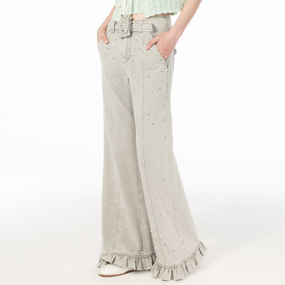 FAME beaded ruffled wide-leg denim trousers - ZOEY