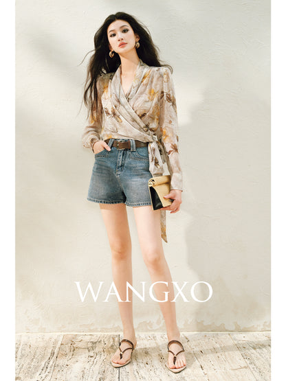 WANGXO | Silky Drape Smooth Georgette Vine-Inspired Geometric Print Entwined Twisted Shirt  -LYRA