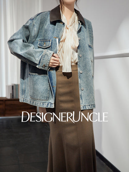 DGU|Denim Blue Retro Lapel Workwear Short Light Luxury Niche Top Jacket - Robert.