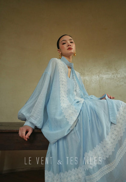 LE VENT&TES AILES pastel blue elegant summer vacation  V-neck shirt skirt set -GWEN