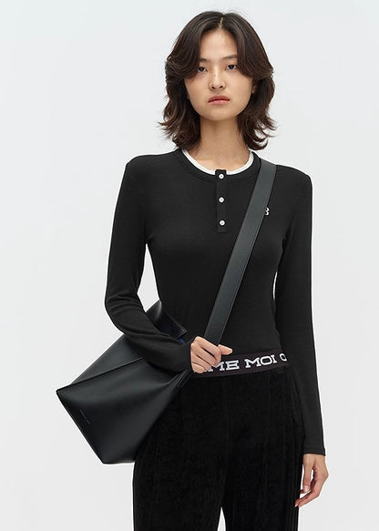 COMME MOI Lu Yan designer new women's clothing Henry collar color-blocked slim T-shirt - ENOUGH.