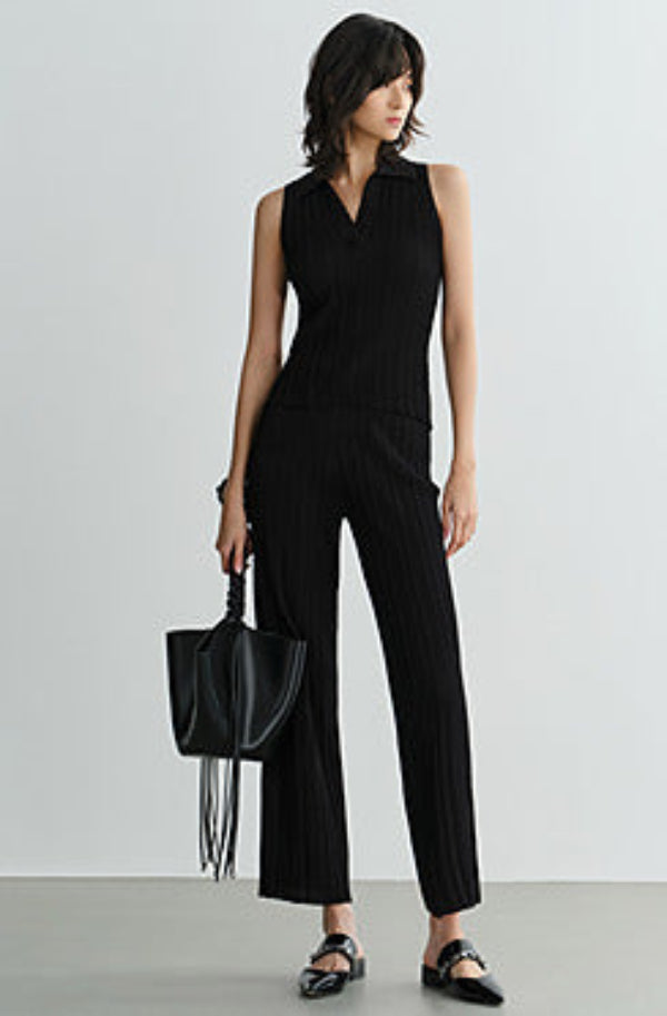 COMME MOI three acetate pit strip lapel knitted vest & pants - ELENA.