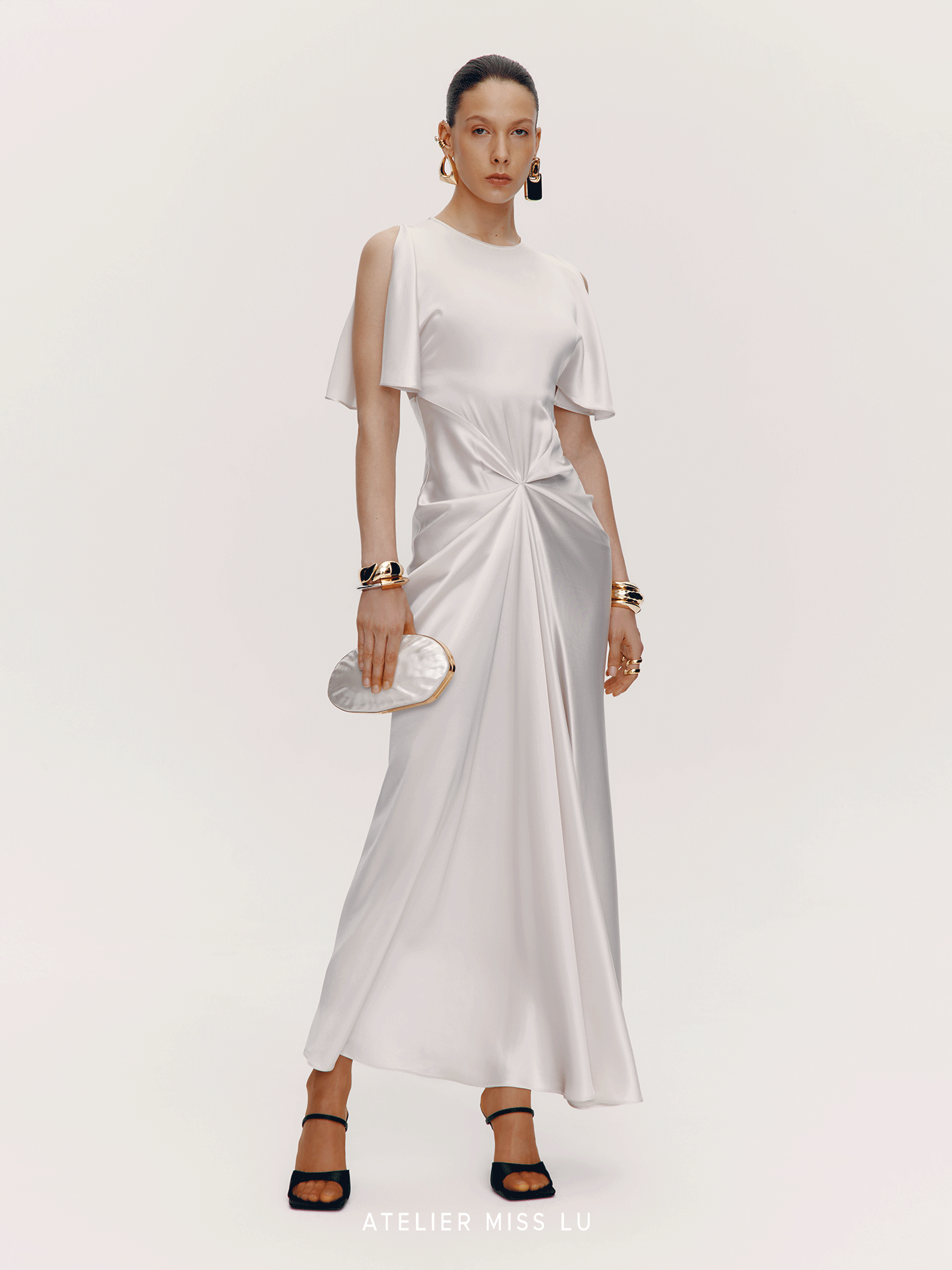ATELIER MISS LU Draped Acetate Blend Flowing Sleeve Dress - ICING