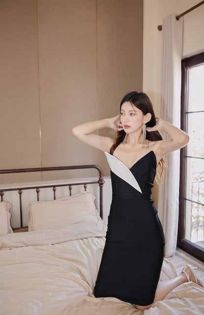 DOLLY Elegant Black and White Sleeveless Bandeau One Shoulder Long Dress-DEVIKA