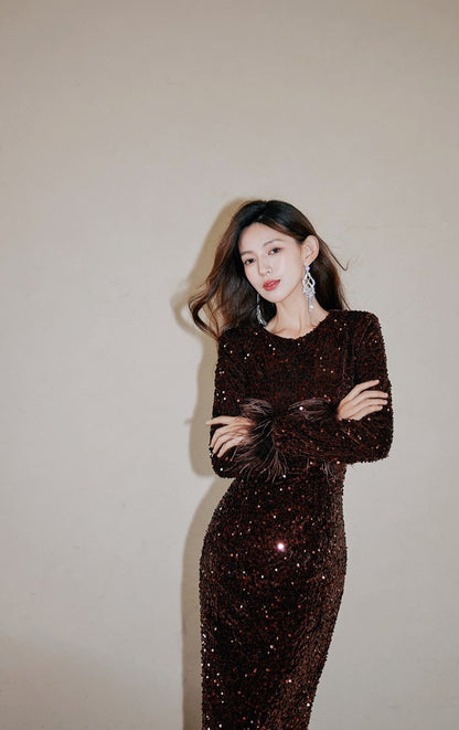 DOLLY Elegant Retro Style Crew Neck Long Sleeve Sequin Long Banquet Dress-TANIA