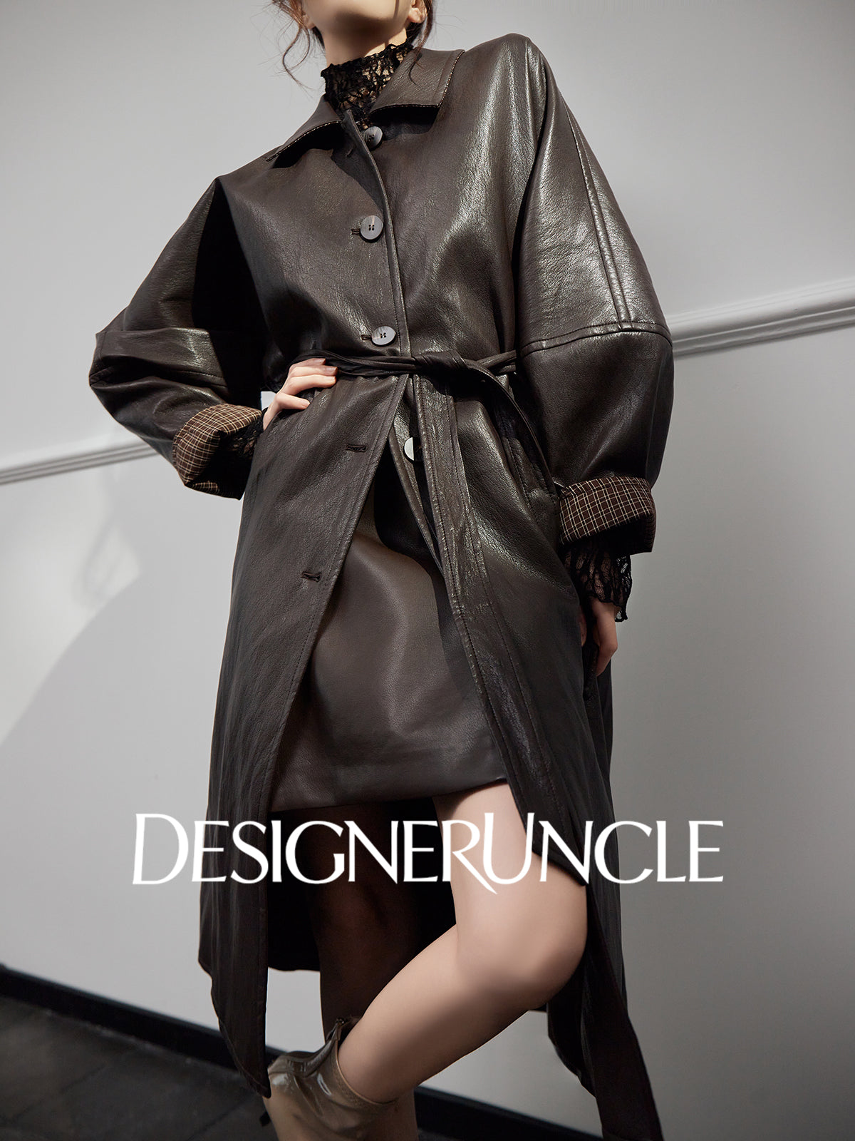 DGU|Tan leather loose slimming high-end mid-length leather jacket - Louisa.