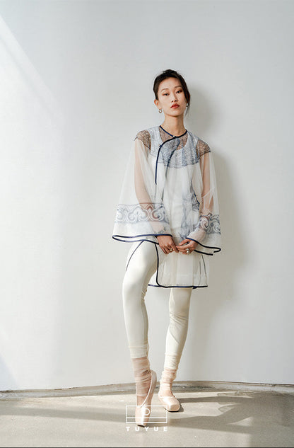 TUYUE Ancient Tailoring Blue and White Porcelain Mesh Top - HOZIER.