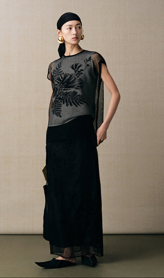 ZHUCHONGYUN organza curved lined silk straight skirt-FAB.