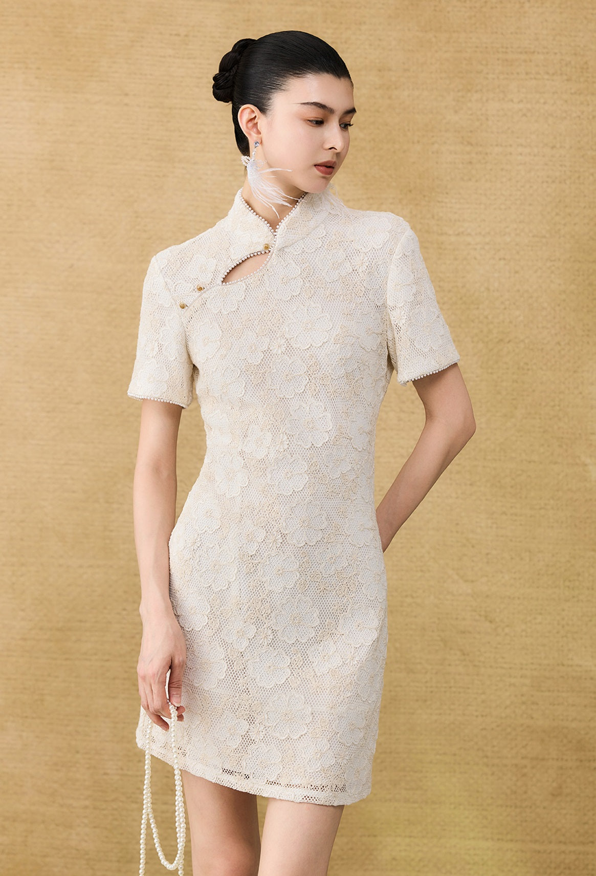 HECO Chinese style short-sleeved embossed flower summer cut-out short dress- TEMIRO.