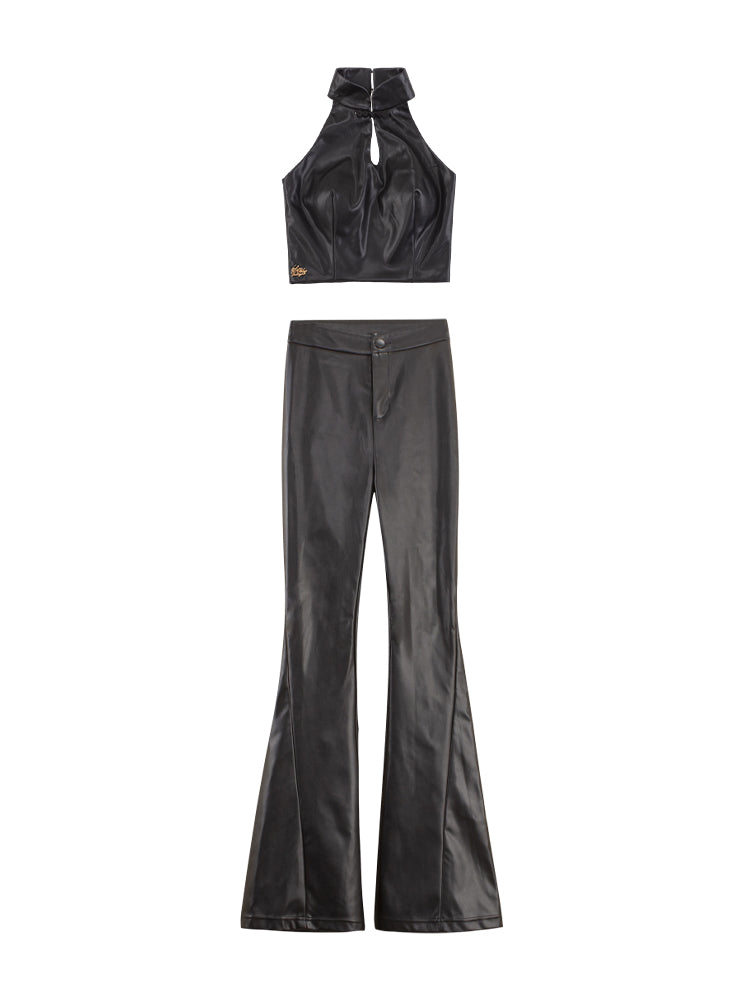 Le Palais Vintage High End Black Leather New Chinese Top + High-waisted Hip Leather Flared Pants-Zhuri.