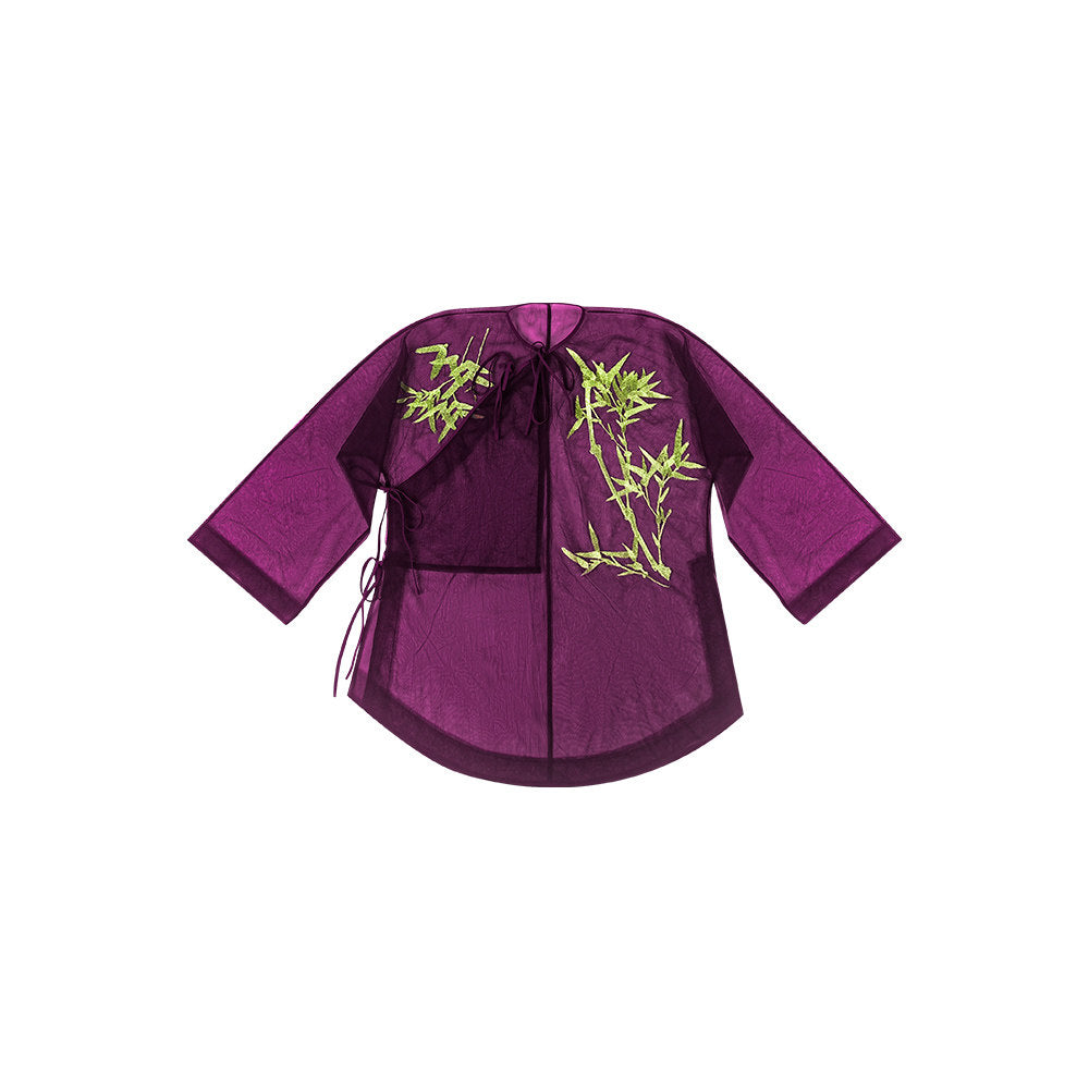 TUYUE Bamboo Leaf Embroidered Mesh Lace-up Top - SKYLA.