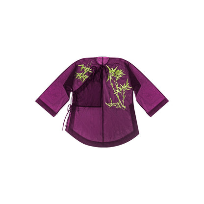 TUYUE Bamboo Leaf Embroidered Mesh Lace-up Top - SKYLA.