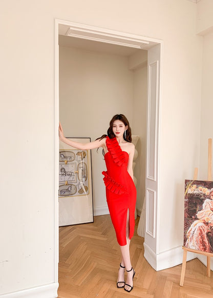 DOLLY Elegant Green Off Shoulder Tube Top High Waist Slit Dinner Dress-MEL