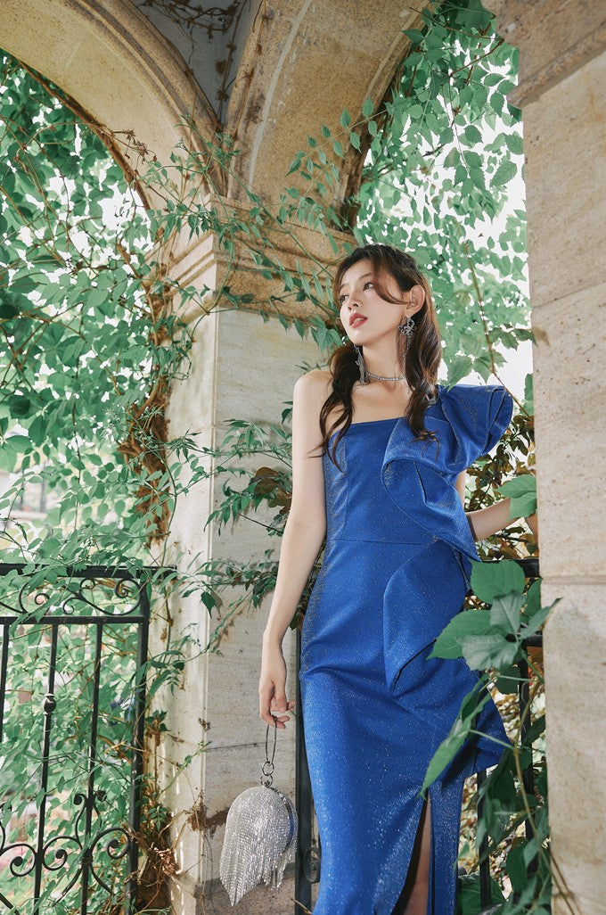 DOLLY Elegant Blue Retro Style Ruffled Off Shoulder Long Slim Fit Slit Dinner Dress-CHITA