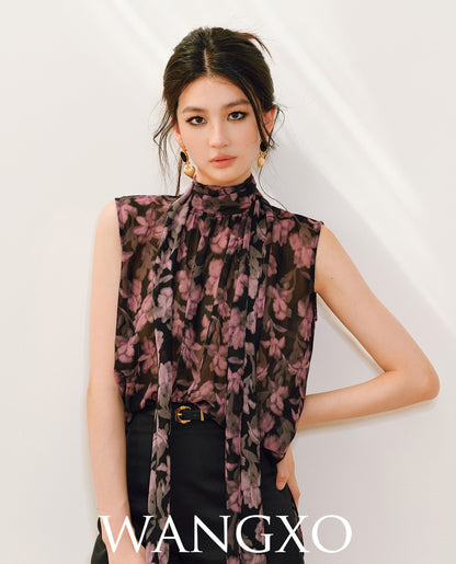WANGXO | Stand Collar Shun Yu Wrinkled Print Sleeveless Ribbon Shirt -EVELINA.