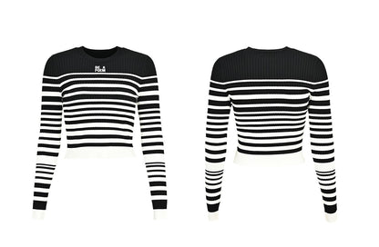 YES BY YESIR  black and white striped short woolen knit top - PROJECT.