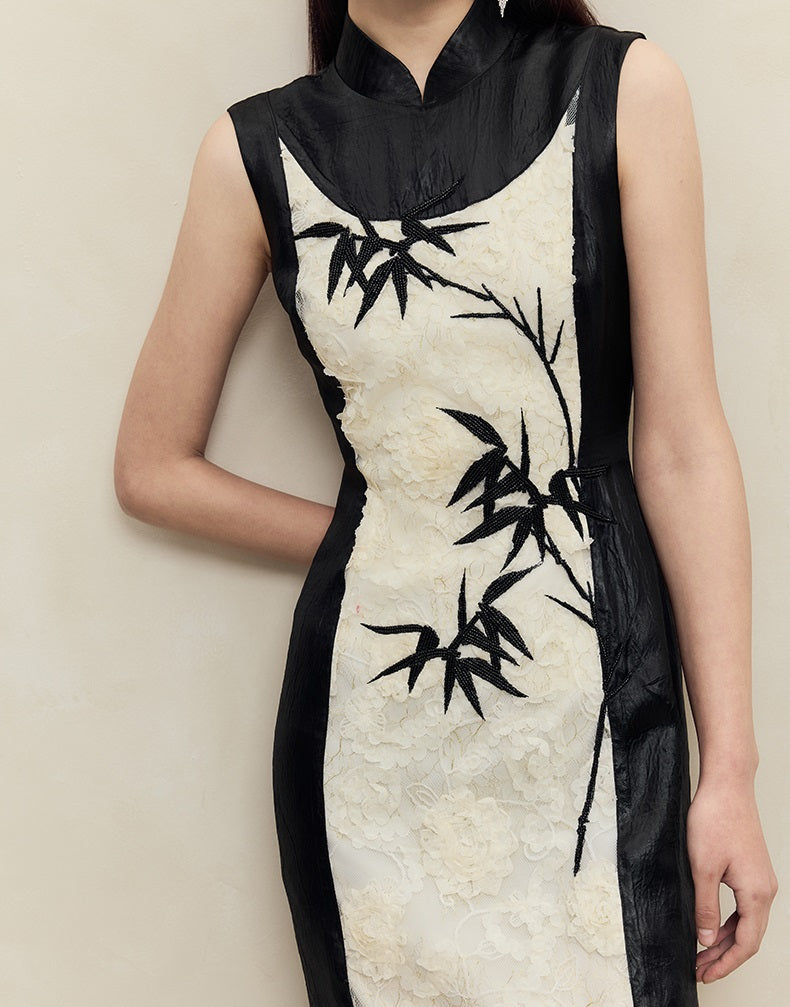 HECO Embroidered Acetate Cheongsam Sleeveless Midi Dress - what.