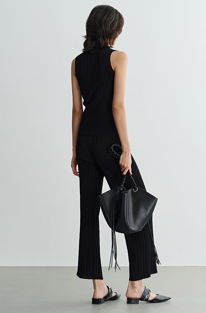 COMME MOI Lv Yan designer summer women's black thin texture knitted straight pants - AYLA.