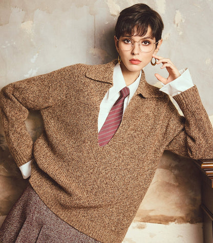 ANNASPEAK deep V loose knit sweater-CHERRY.