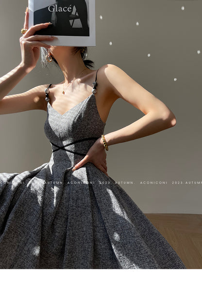 Aconiconi High End Gray V-Neck Sleeveless Hound Sooth Cocktail Dress- Kawashima Girl