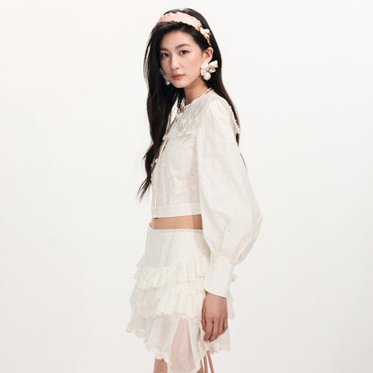 FAME Embroidered Shawl Collar Court Style Top - JERICHO