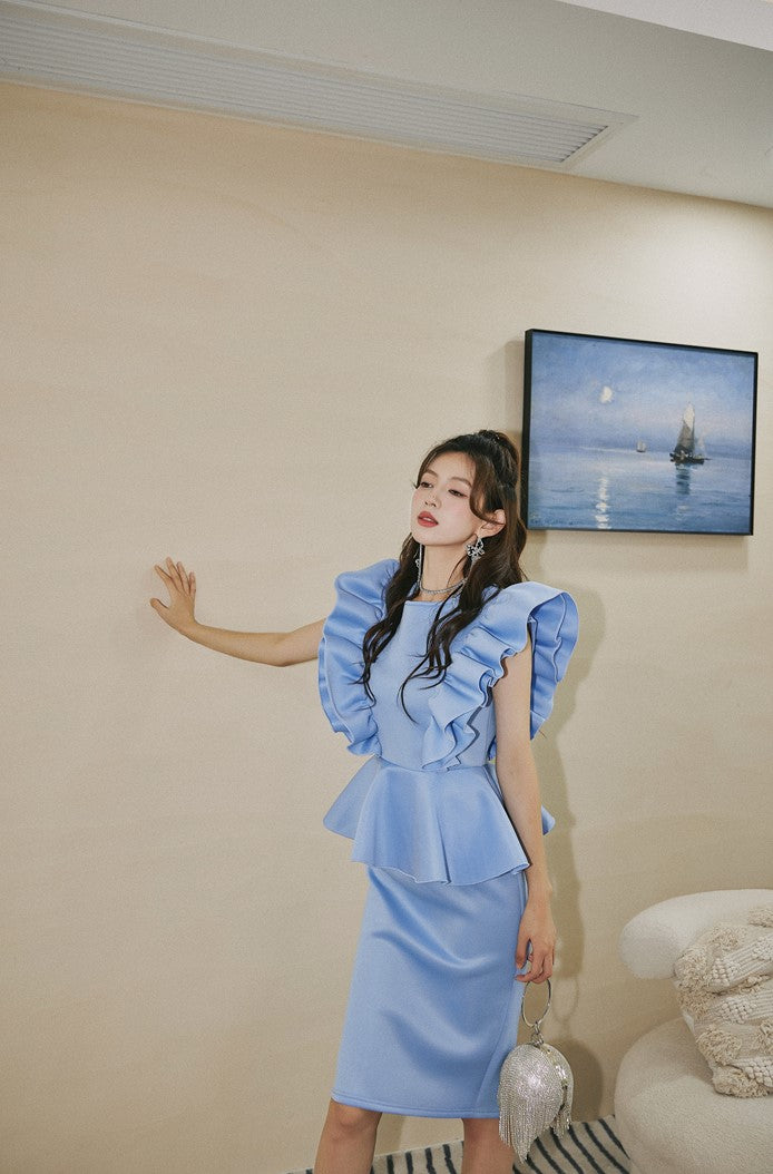 DOLLY High End Blue Crew Nek Ruffled Flying Sleeve Midi Office Dress-BELLONA