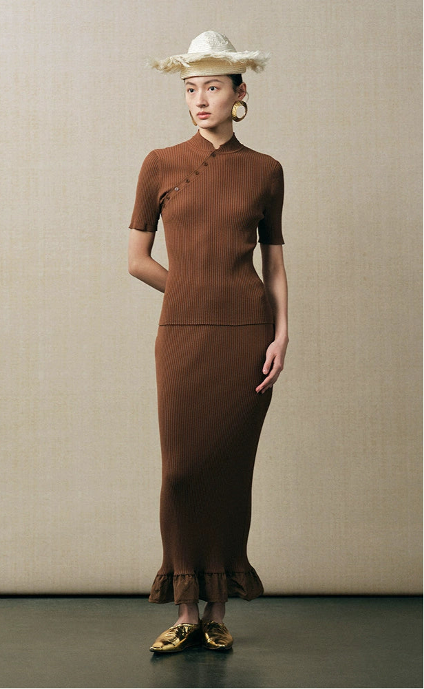 ZHUCHONGYUN silk slim ruffle knitted skirt and short sleeve top-HONG.
