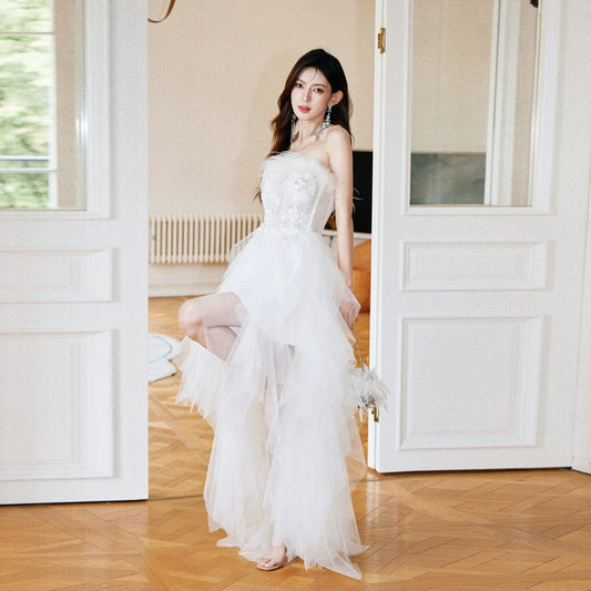 DOLLY Elegant White French Style Feather Chest Wrap Wedding Dress-MARIA  (V)