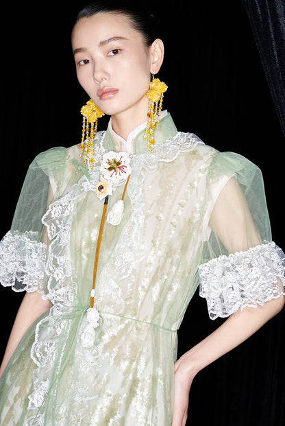 M essential Mackay designer Ear Mesh lace welt stand-up collar dress - DOUNT.