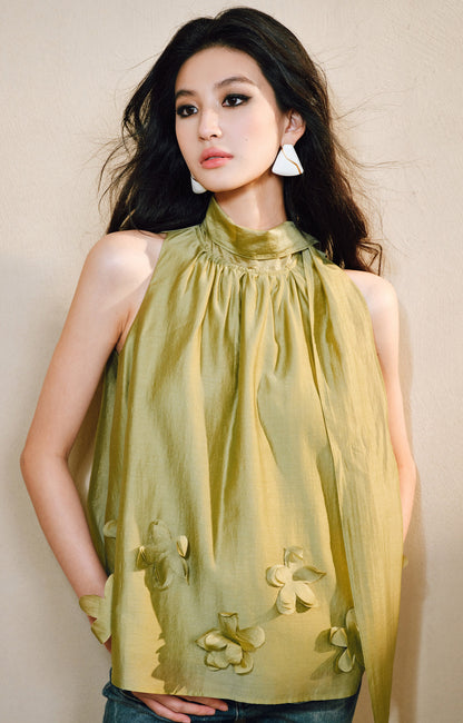WANGXO Luxury Brand High-End Tencel Acetate Heavy Handmade Nail Flowers French Loose Ribbon Sleeveless Top - MAEVE