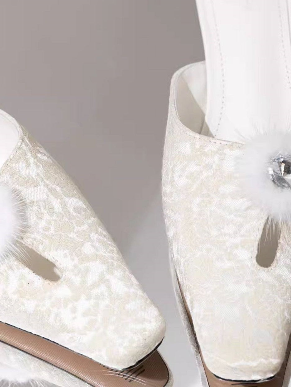B-FEI embellished white slip-on low heel mule shoes-NIKO.