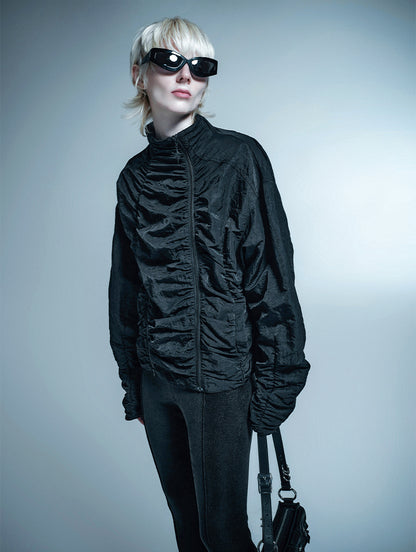 ANNAKIKI black zipper split function pleated jacket for women-HINA