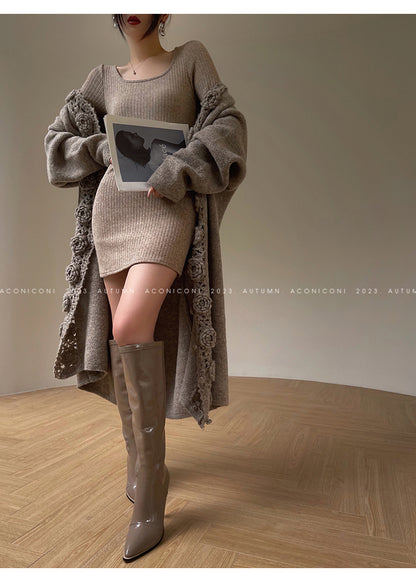 Aconiconi Luxury Loose V-Neck Long Sleeve Crochet Sweater - Camellia in the Fields