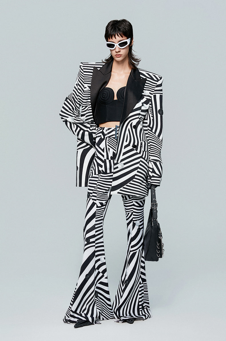 ANNAKIKI black and white contrasting special-shaped striped bootcut trousers for women-HIRANO