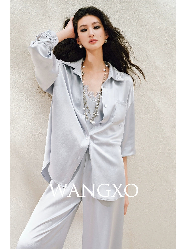 WANGXO | Hemp-Textured Acetate Satin  ight Luxury Lace Suspender, Shirt & Trousers Three-Piece Set- SARI
