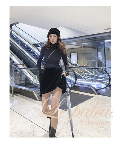 Le Palais Vintage Black Long Sleeves Short Faux Fur Coat and Dinner Skirt Suit-Selena.